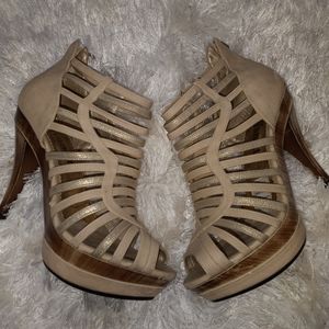 Beige & Gold Peep-Toe Heels